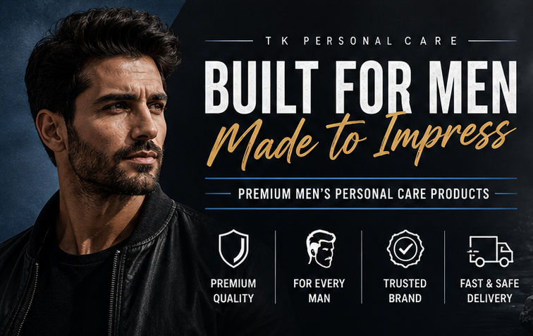 Promotional banner for TK Personal Care featuring a man on the left and several men's personal care products on the right, including face wash, hair shampoo, body wash, and a bottle, with marketing text and icons.